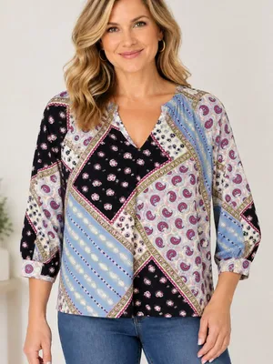 LOFT Womens L Linen Blend Patchwork Paisley Blouse Boho 3/4 Raglan Sleeve Top thumbnail 1