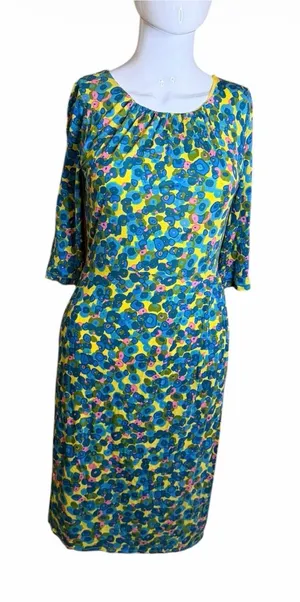 Boden Yellow, Blue & Pink Floral Scoop-Neck Midi Dress thumbnail 1