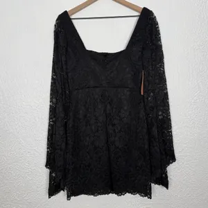 BHLDN Belle Long Sleeve Square Neck Lace Mini Dress Black Medium NWT thumbnail 5