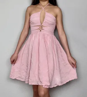 Lookbook Store Light Rose Pink Criss-Cross Cutout Front Sleeveless Halter Dress thumbnail 1