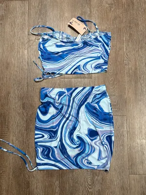 Blue Marble Ruched Crop Top & Mini Skirt Set thumbnail 2