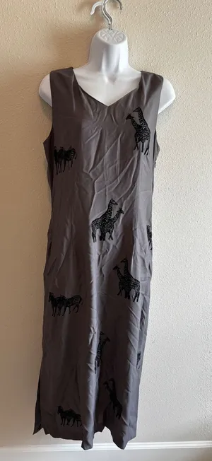 Elyse Hart‎ Ltd Vintage Maxi Dress 10 Gray Safari Giraffe Zebra Print V-Neck Y2K thumbnail 1