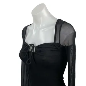 Princess Polly Women's Black Sheer Mesh Long Sleeve Tie Neck Crop Blouse Top 2 thumbnail 2