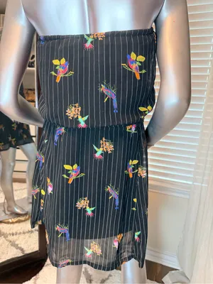 O'Neill Medium Strapless Tropical Bird Print Dress Black Pinstripe Boho Summer thumbnail 7
