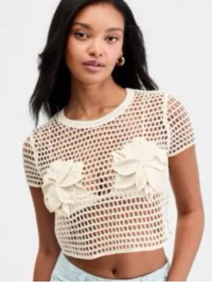 065- Bar III Cream Knit Floral Crochet Top Size Medium thumbnail 1