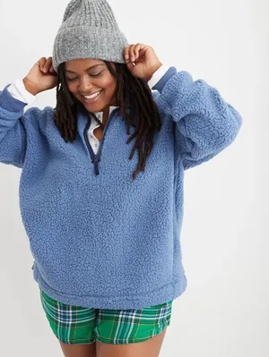 NWT Aerie Dream Sherpa Quarter Zip Pullover Marbled Blue XL Oversized Cozy thumbnail 1
