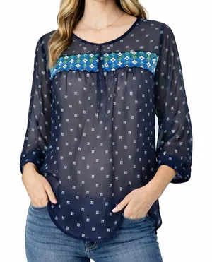 Hollister Navy Blue Embroidered Sheer Blouse‎ - Size Large thumbnail 1
