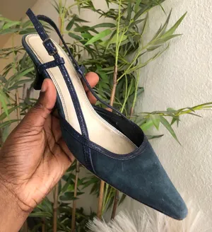 90s VTG Navy blue/green suede genuine leather kitten heels pumps courts sling back pointy toe Made in Spain thumbnail 3