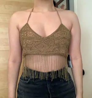 Urban Outfitters NWT $79 gold intricate beaded embellished festival backless tie halter crop top thumbnail 5