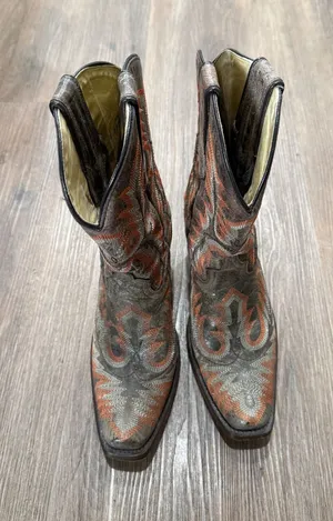 Corral Women‎ Grey Orange Embroidered Leather Snip Toe Western Cowboy Boots thumbnail 1