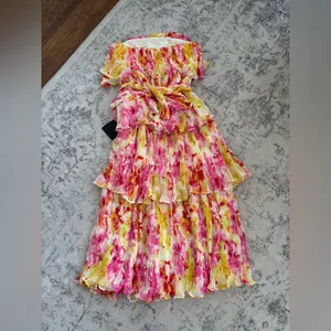 Lulus Nessa Yellow and Pink Abstract Plisse Tiered Midi Dress size XL NWT Beach thumbnail 5