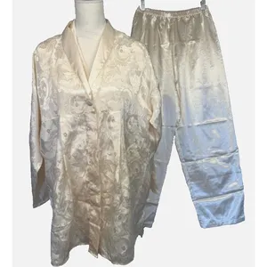 Victorias‎ Secret Pajama Set & Robe Womens Medium Ivory Satin Jacquard Floral M thumbnail 1