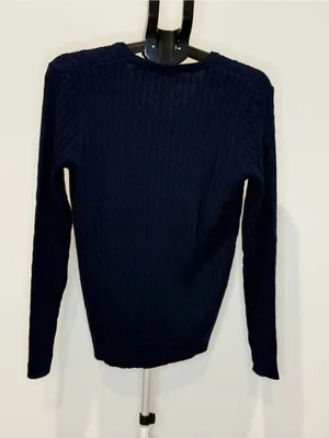 Daily Sports Navy Cable Knit Cotton Cashmere V-Neck Sweater L thumbnail 6