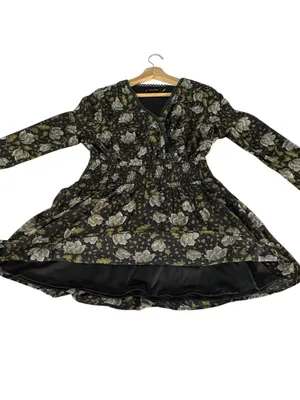 Doe & Rae Floral Mini Dress S Black Whimsigoth Bell Sleeve Smocked Boho thumbnail 6