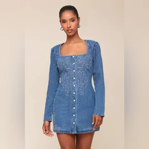 Avec Les Filles Western Embroidery Long Sleeve Straight Neck Denim Mini Dress thumbnail 5