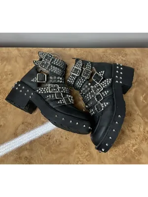 Jeffrey Campbell Starburst Studded Leather Buckle Lug Sole Boots 8.5 Goth Punk thumbnail 6
