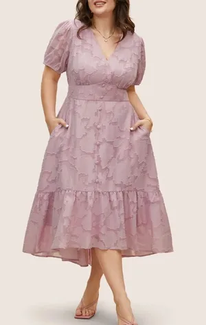 Bloomchic Solid Textured Lantern Sleeve Button Detail Dress thumbnail 1