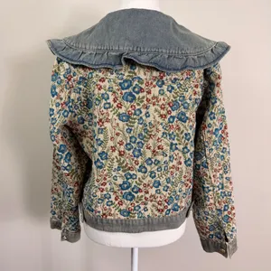 Floral Tapestry Denim Jacket Oversized Ruffle Peter Pan Collar Woven Medium thumbnail 4