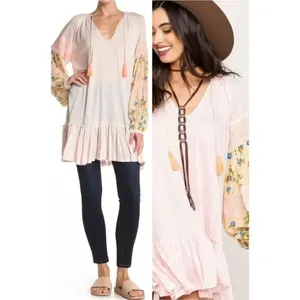 Anthropologire Free People Mix it Up tunic dress pale pink contrast sleeves sz thumbnail 2