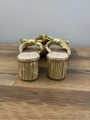 Loeffler Randall Penny Pleated Knotted Bow Heeled Mules Sandals Gold thumbnail 8