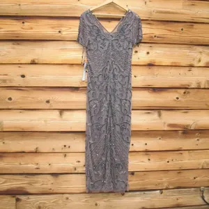 NWT Pisarro Nights Size 8 Beaded Mesh Column Gown Aluminum thumbnail 10