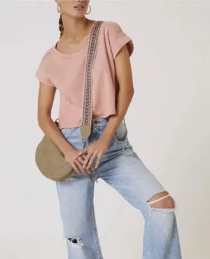 Pilcro Cropped Cut Off Short Sleeve Sweatshirt Pink Coral Medium thumbnail 1