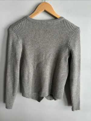 Common Sense Gray Ribbed Knit Cardigan M Gold Button Split Hem Fitted Sweater thumbnail 9