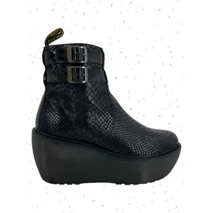 Dr. Martens Caitlin Black Reptile Snakeskin Wedge Buckles Ankle Boots Size 6 thumbnail 2