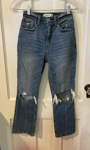 Abercrombie & Fitch Distressed Straight-Leg Blue Jeans thumbnail 1