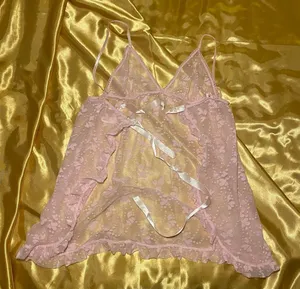 Pink Lace Babydoll Slip Dress with Open Back, Satin Tie, and Heart Design thumbnail 1