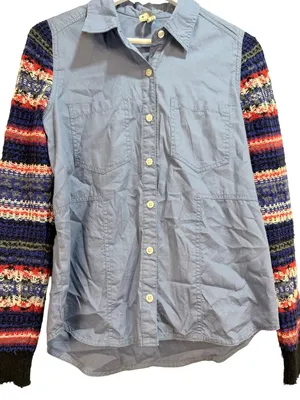 Free People Chambray Button Down Nordic Fair Isle Knit Lagenlook Top Shirt Shacket Small thumbnail 6