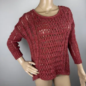 Red/Orange Crochet Knit Sweater Women's Open Weave Boat Neck 3/4 Sleeve‎ thumbnail 3