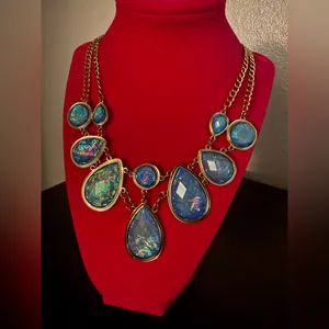 Flashy Blue Opalescent Statement Necklace Double Strand Gold Tone Bauble Collar thumbnail 3