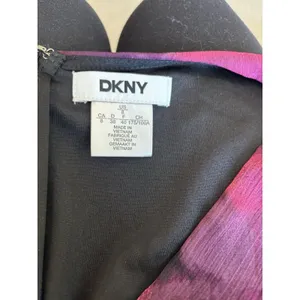 DKNY Size 8 Abstract Floral Balloon Sleeve Faux Wrap Dress - Magenta &‎ Plum thumbnail 2