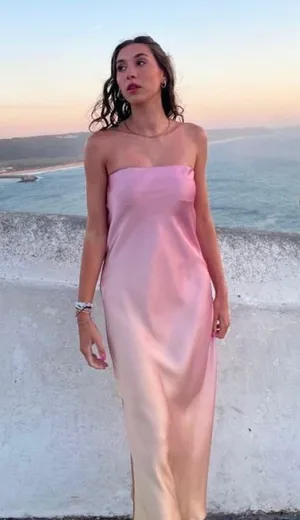 midi dress maxi tie die pink beige satin strapless wedding shower date thumbnail 4