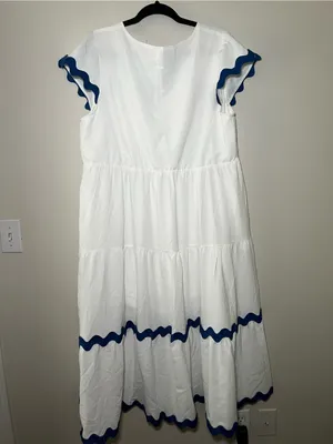 White Maxi Dress with Blue Scalloped Trim - Women's thumbnail 6