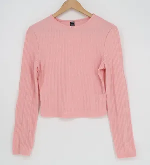 Shein Essnce Crop Sweater Womens Large Baby Pink Stretch Rib Knit Long Sleeve thumbnail 1