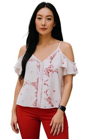 Anthropologie Current Air Nelli Boho Lattice Trim Cold Shoulder Top L thumbnail 1