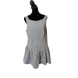 Wild Fable Seersucker Gingham Plaid Mini Dress Womens L Navy White Button Front Drop Waist thumbnail 14