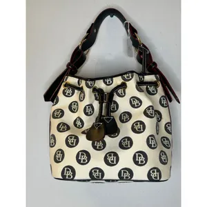 DOONEY & BOURKE Black White DB Monogram Black Leather Drawstring Bucket Bag thumbnail 2