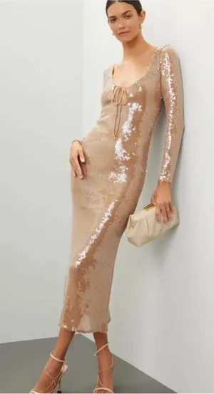 Bardot Verona Sequin Midi Dress XL US 10 Long Sleeve Keyhole Gold Bronze thumbnail 1