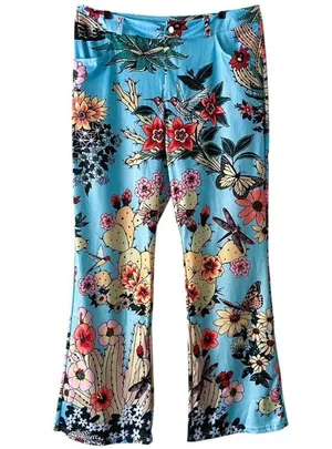 NWT ~ Blue Vintage Look Groovy 70's Polyester Floral Birds Flare Leg Pants ~ L thumbnail 2