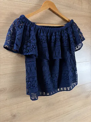 LIKELY Off-Shoulder Navy Lace Top XS thumbnail 5