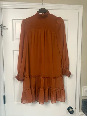 CeCe Rust Smocked High-Neck Tiered Long-Sleeve Dress thumbnail 2