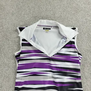 Greg Norman Womens Athletic‎ Tank Top S Purple White Stripes Collared Jersey thumbnail 2