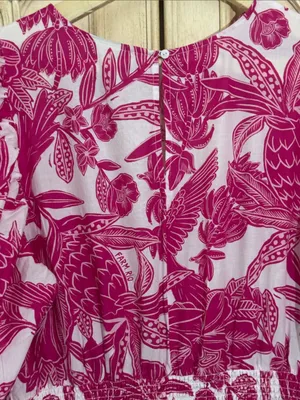 Farm Rio Tropical Woodcut Dress Pink Floral Appliqué Lace Resort Wear Smocked L thumbnail 11