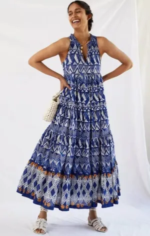 NWT Anthropologie Tiered Abstract Maxi in Blue Patterned Cotton Dress S thumbnail 1
