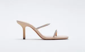 ZARA Nude Rhinestone Open Toe Mule Heels thumbnail 3