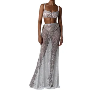 Women 2Pcs Lingerie Set Lace Bra & Maxi Skirt White L thumbnail 4
