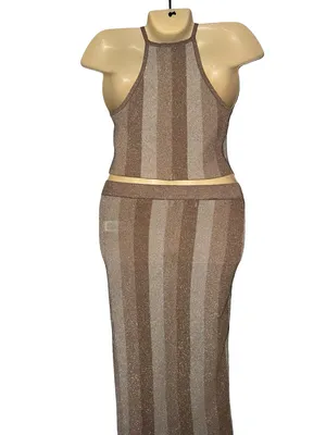 Forever 21 Shimmery Taupe and Beige Striped skirt Set thumbnail 4